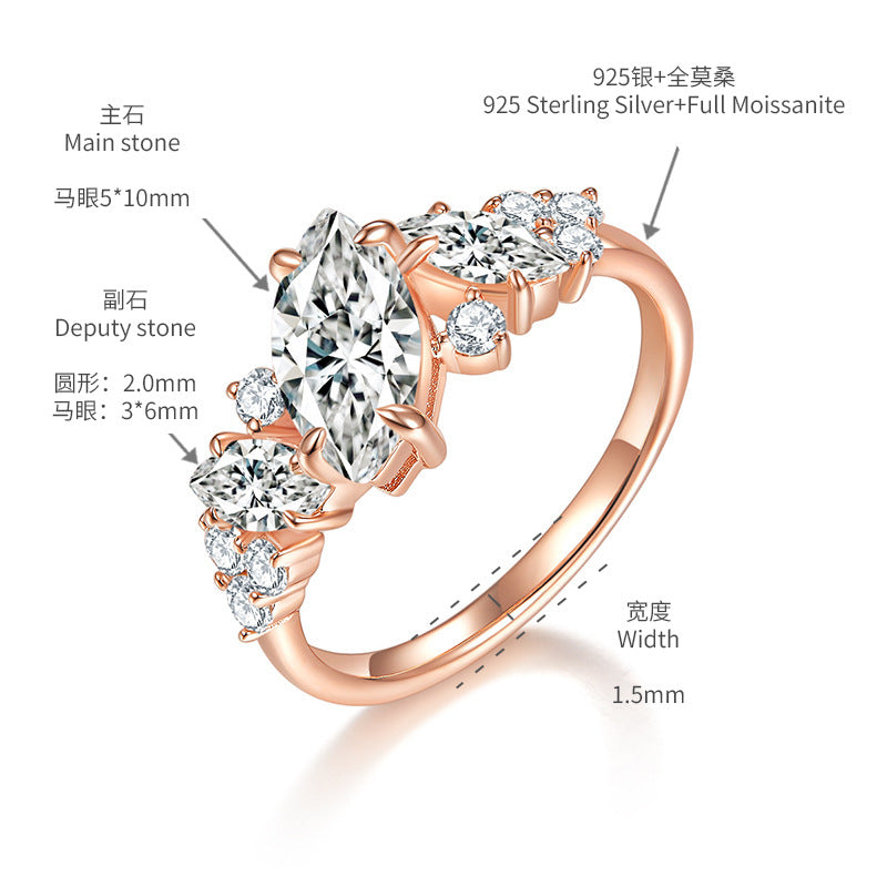 Marquise irregular symmetry 1 carat moissanite silver plated 18k rose gold ring