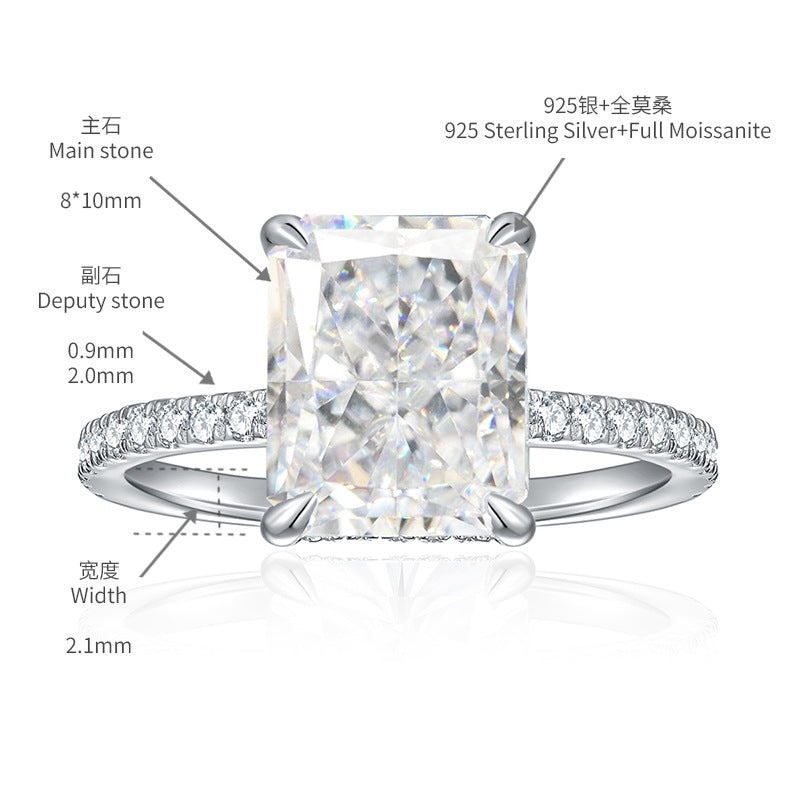 Ice flower cut moissanite rectangular 8*10mm 4 carat engagement ring S925 silver plated 18kk