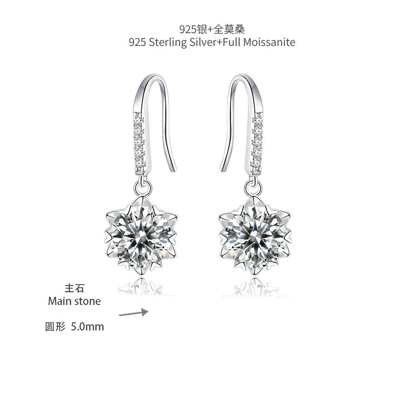 Genuine D color moissanite personality snowflake ear hook sterling silver diamond six-prong super flash gift long earrings