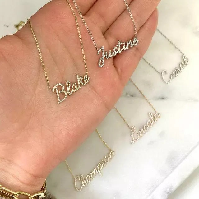 Ins stacked style personalized DIY letter name silver set moissanite plated 18k yellow gold necklace Valentine's Day gift