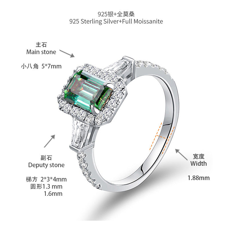 5*7mm emerald cut green moissanite over diamond pen silver plated 18k gold ladies full moissanite ring