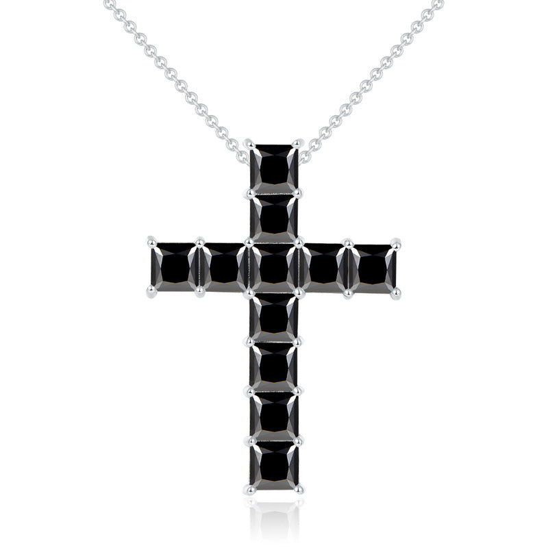 Hip-hop cross inlaid with black 5.5mm princess square moissanite silver plated 18k gold necklace