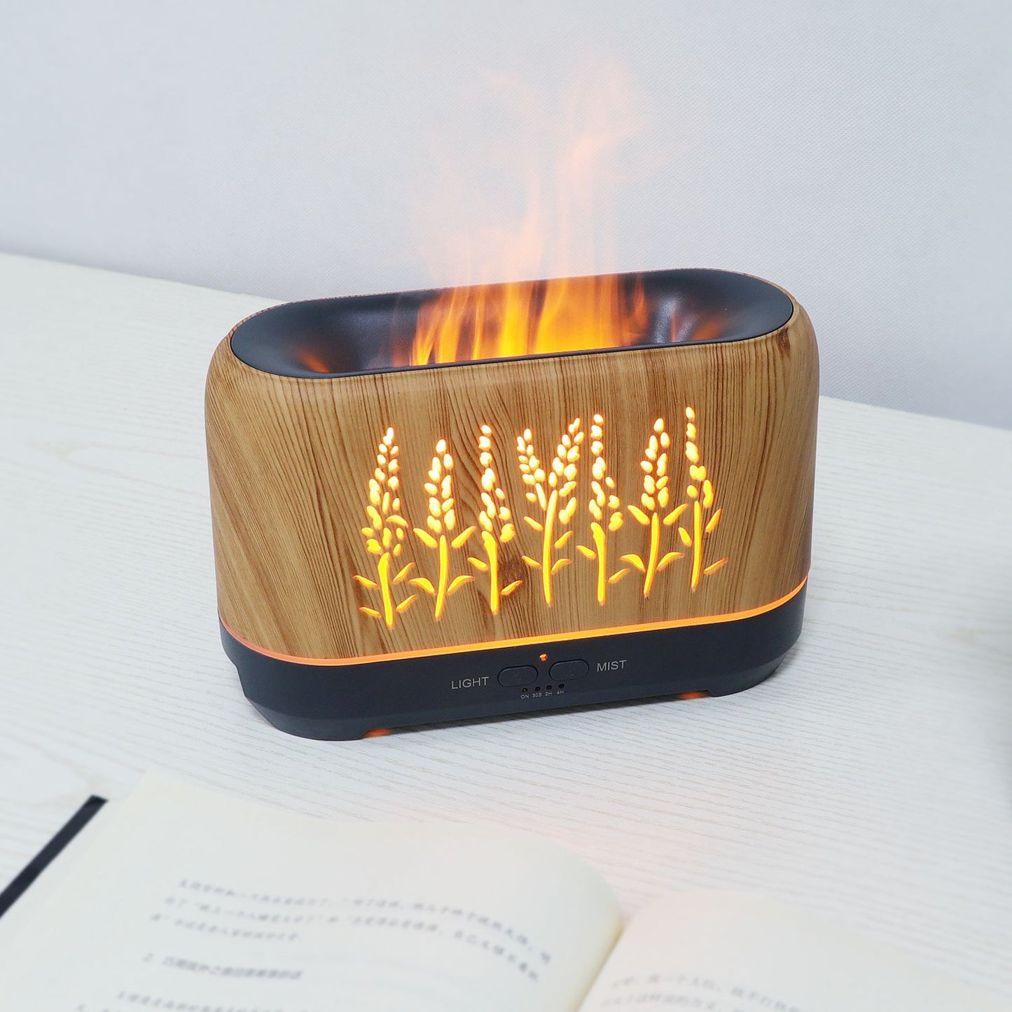 New Wood Grain Hollow Wheat Ear WiFi Flame Humidifier Household Flame Essential Oil Aroma Diffuser E-Commerce Product Wholesale