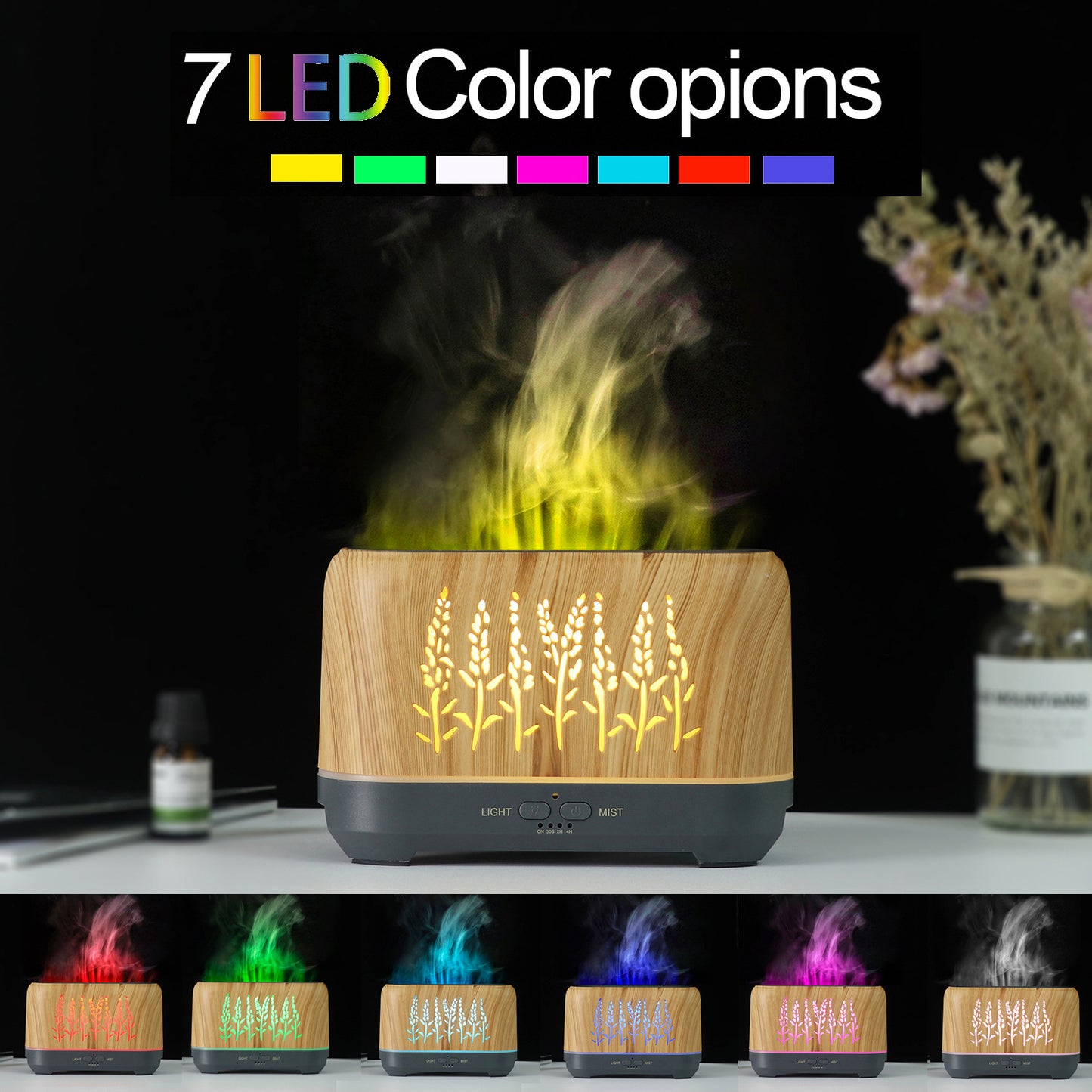 New Wood Grain Hollow Wheat Ear WiFi Flame Humidifier Household Flame Essential Oil Aroma Diffuser E-Commerce Product Wholesale