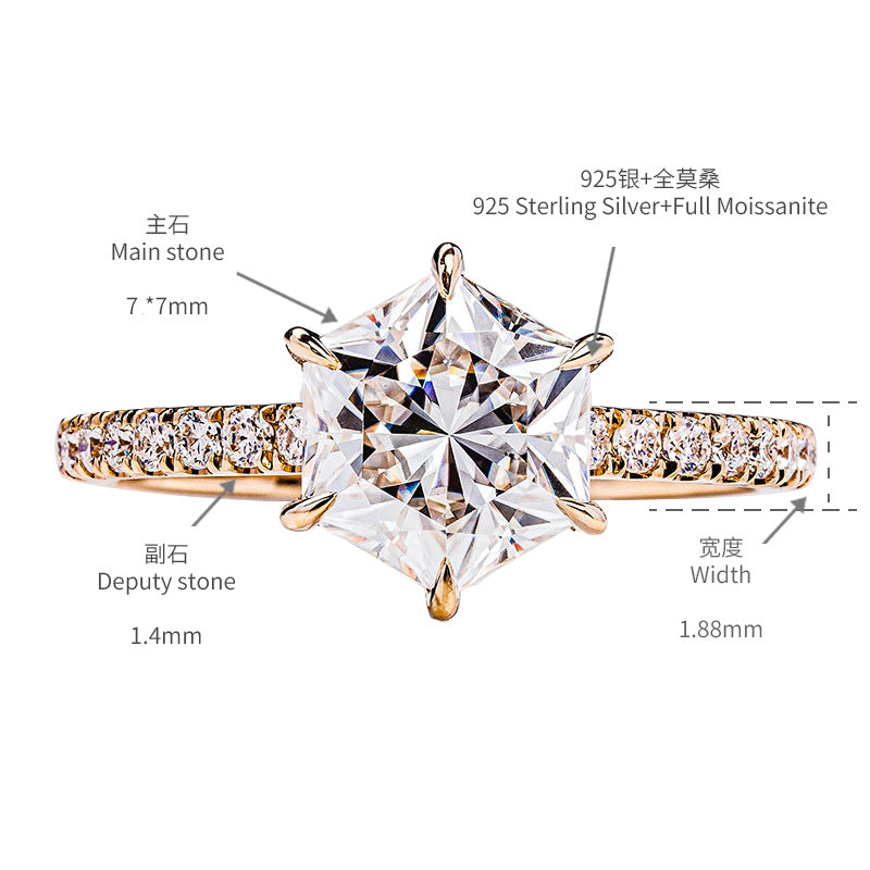 7mm hexagonal moissanite diamond ring engagement ladies silver plated 18k gold ring