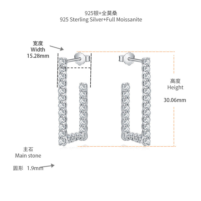 Square irregular earrings women's high-end sense full of diamond moissanite S925 sterling silver stud earrings