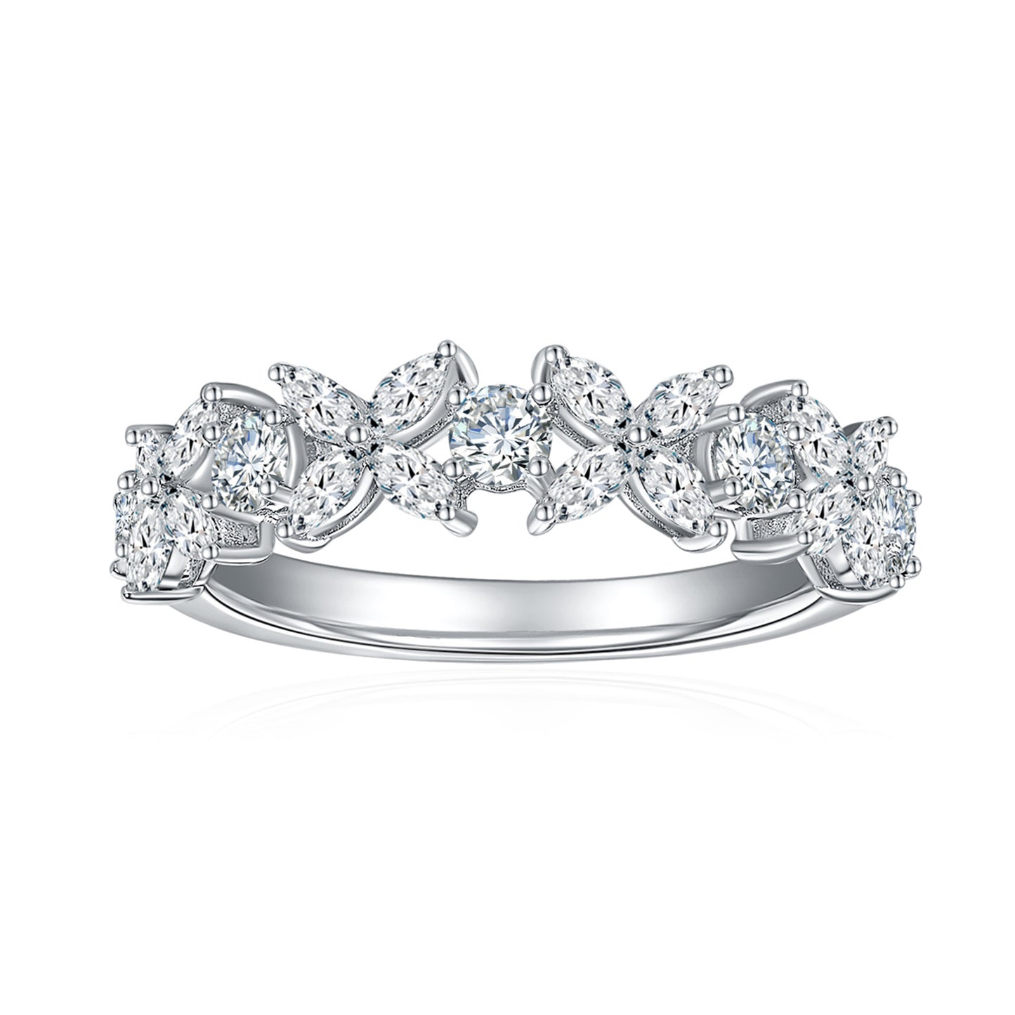 Marquise Moissan, Lucky Clover Diamond Ring, Silver Plated 18K White Gold, Half Diamond Row Ring, Versatile