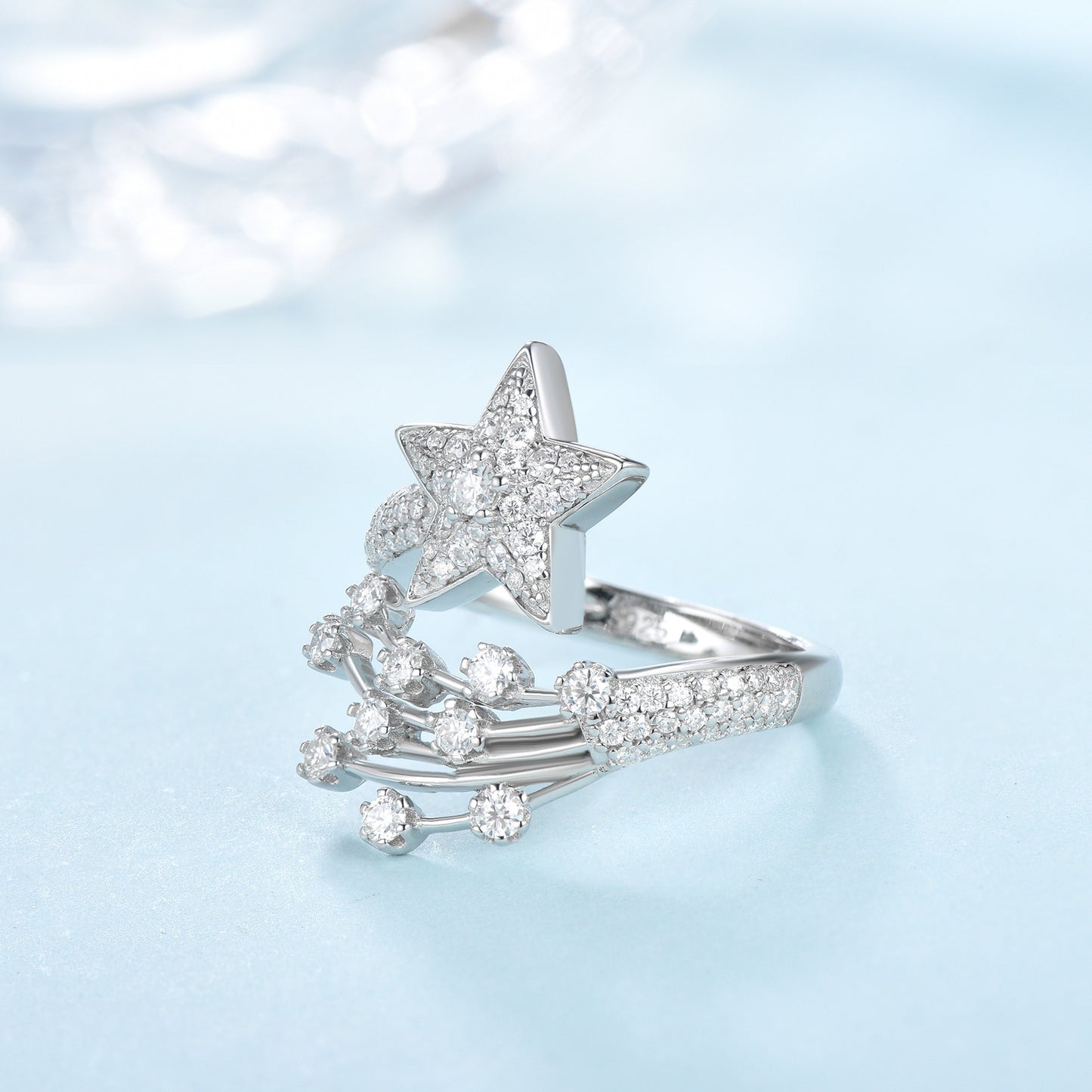 Haute couture jewelry niche design comet full diamond moissanite sterling silver five-pointed star ring open ring women