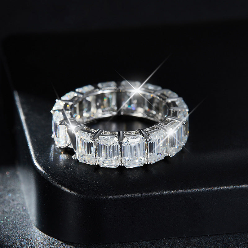 High jewelry 4*6mm emerald cut moissanite diamond row ring sterling silver plated 18k gold ring