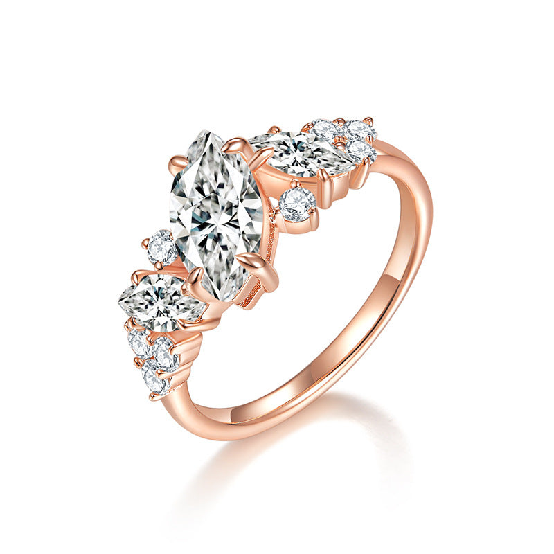 Marquise irregular symmetry 1 carat moissanite silver plated 18k rose gold ring