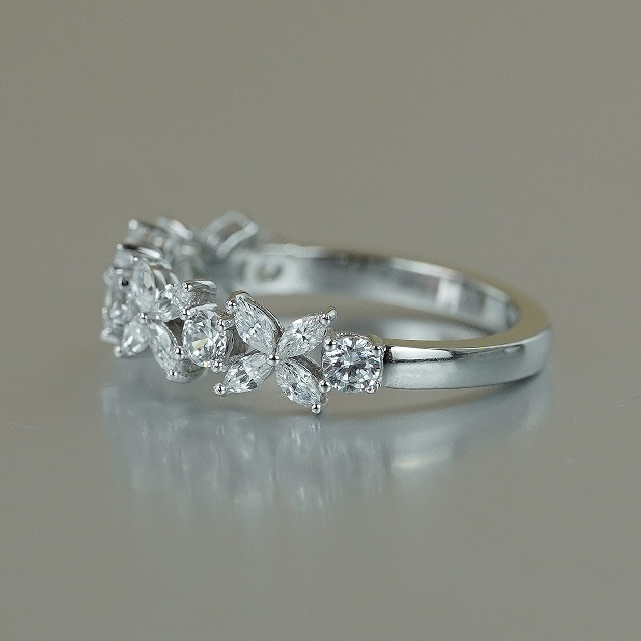 Marquise Moissan, Lucky Clover Diamond Ring, Silver Plated 18K White Gold, Half Diamond Row Ring, Versatile