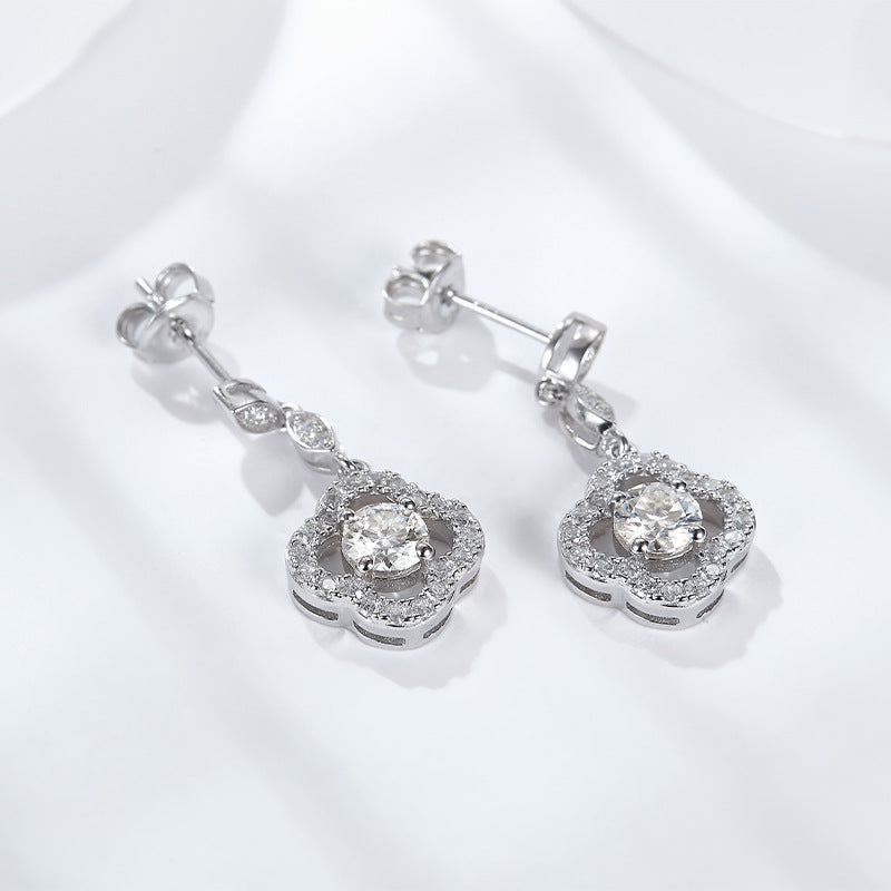 Lucky four-leaf clover with diamond ethnic style floral women's symmetrical sterling silver earrings moissanite diamond earrings