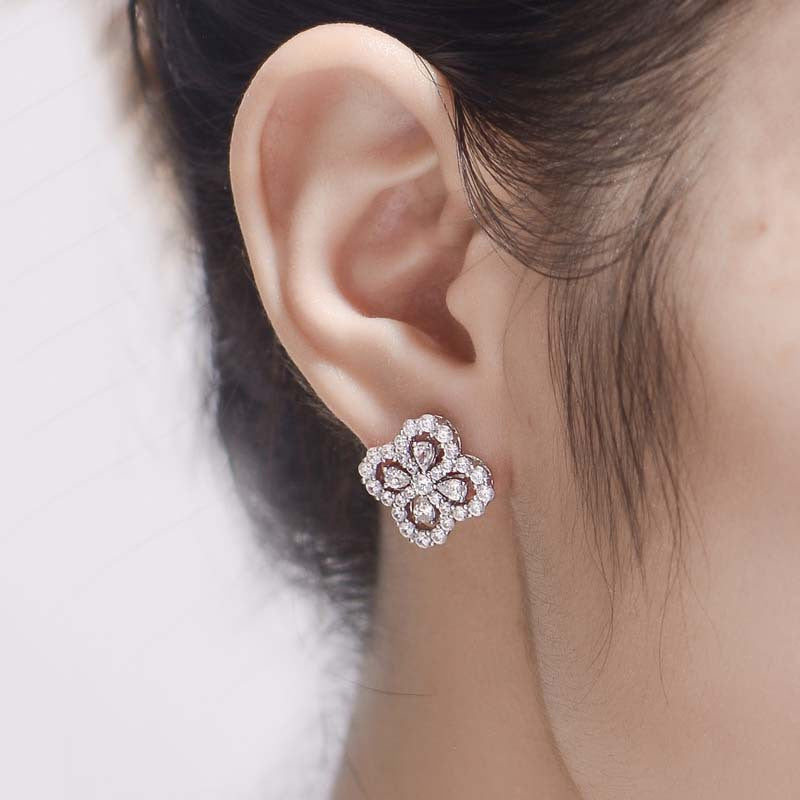 Four-leaf clover earrings 5A zircon water drop encircled women's small fresh stud earrings