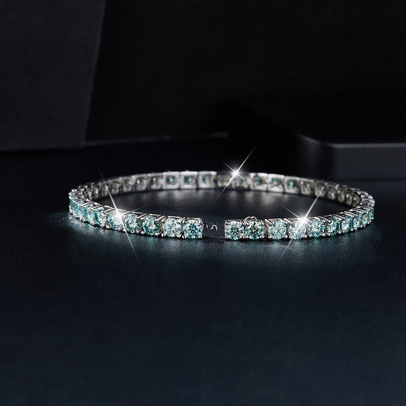 Fashion classic four-claw 50 minutes full circle blue-green moissanite 925 silver tennis bracelet unisex