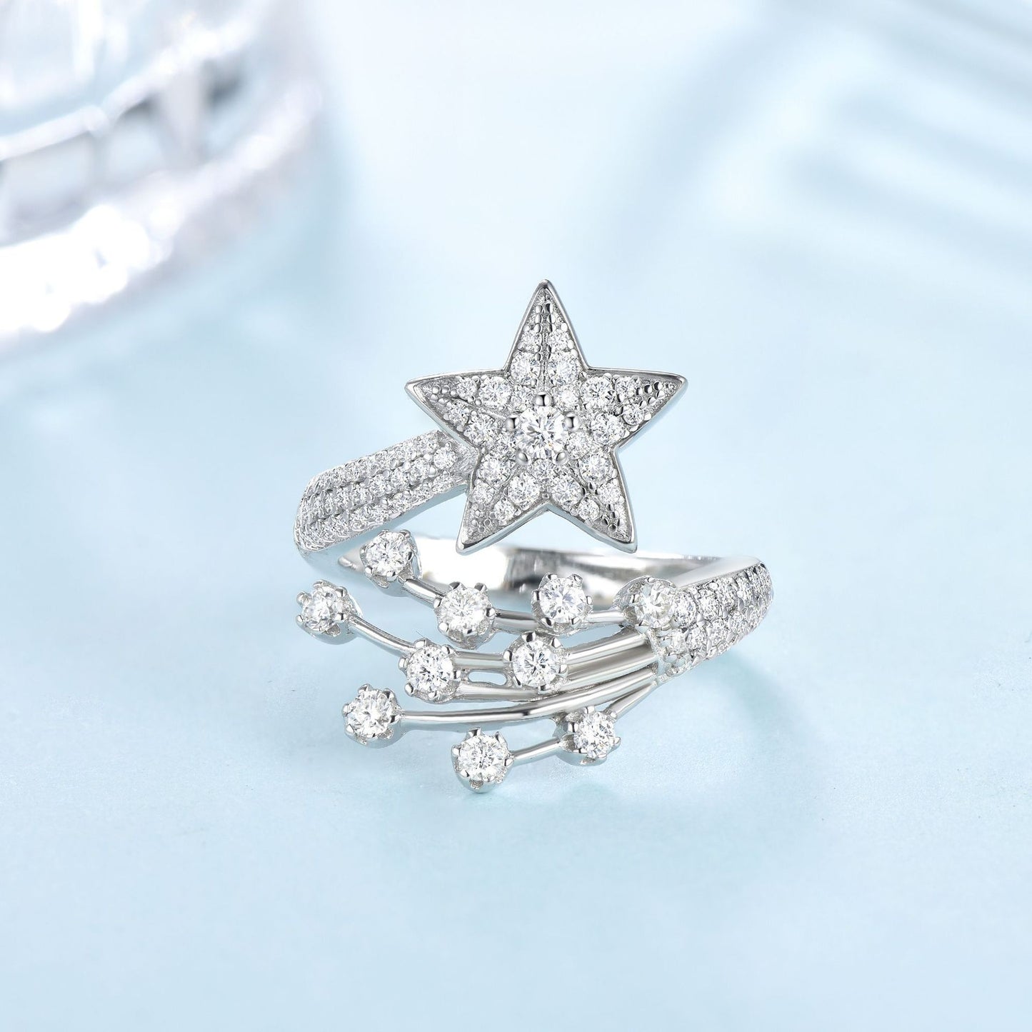 Haute couture jewelry niche design comet full diamond moissanite sterling silver five-pointed star ring open ring women