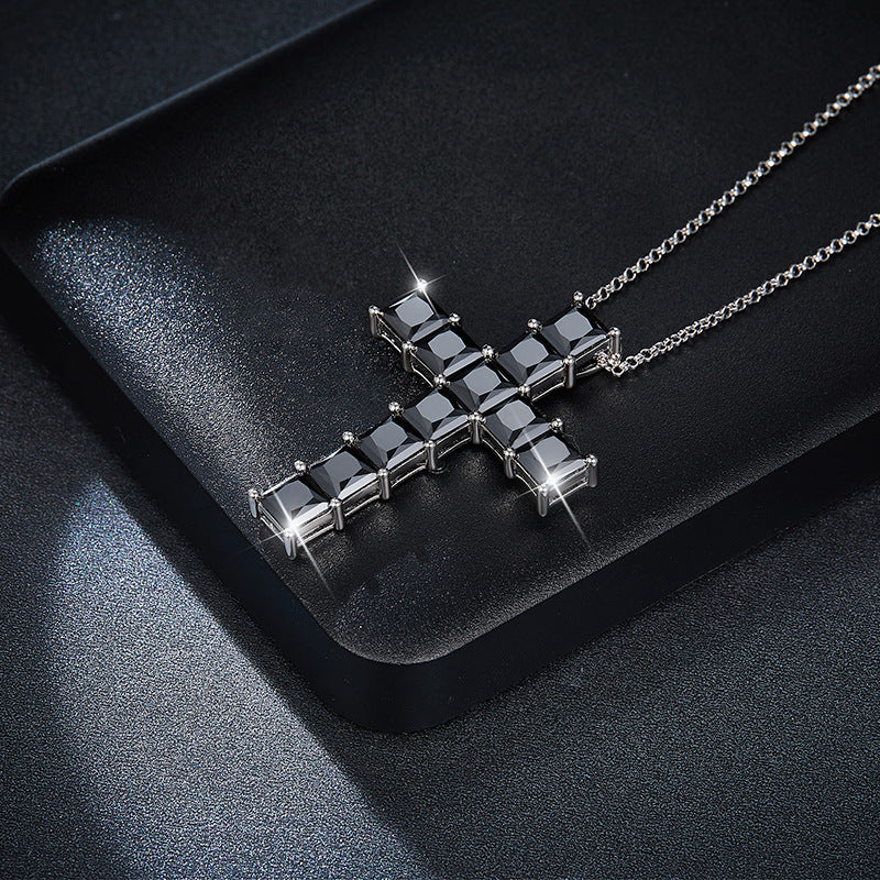 Hip-hop cross inlaid with black 5.5mm princess square moissanite silver plated 18k gold necklace