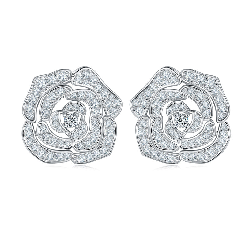 Earl Grey ins luxury full diamond D color moissanite earrings S925 sterling silver gold-plated camellia stud earrings