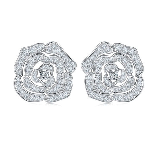 Earl Grey ins luxury full diamond D color moissanite earrings S925 sterling silver gold-plated camellia stud earrings