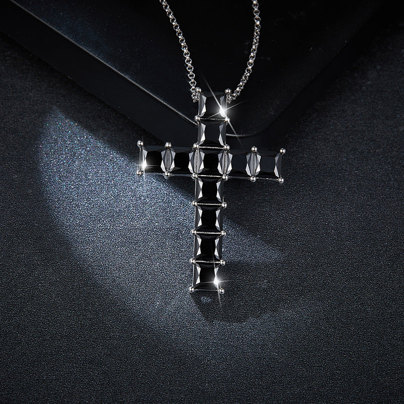 Hip-hop cross inlaid with black 5.5mm princess square moissanite silver plated 18k gold necklace