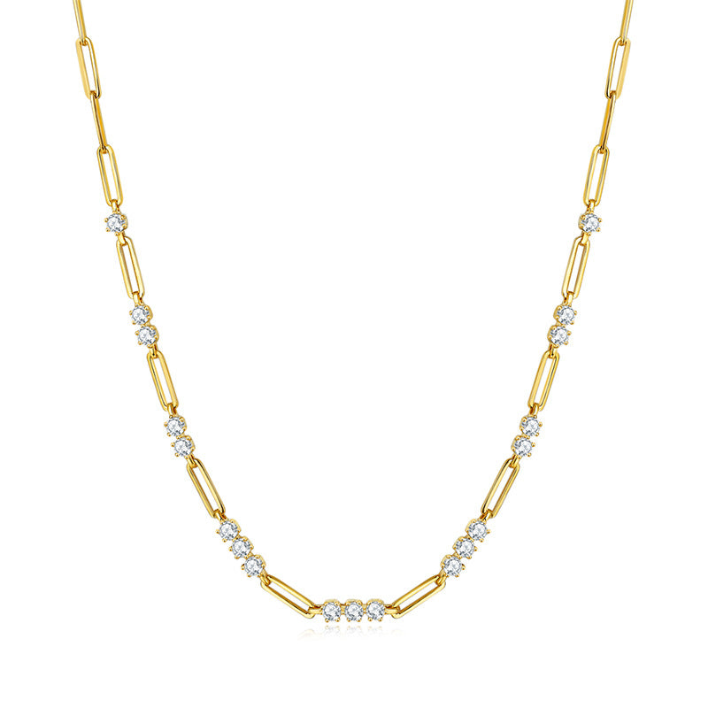 Ins stacking style 3.0mm round moissanite paper clip clavicle chain S925 silver plated 18k yellow gold ladies necklace