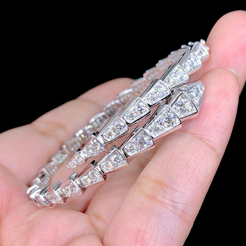 Light luxury full diamond spring adjustable snake bone bracelet S925 silver plated 18k gold inlaid moissanite bracelet