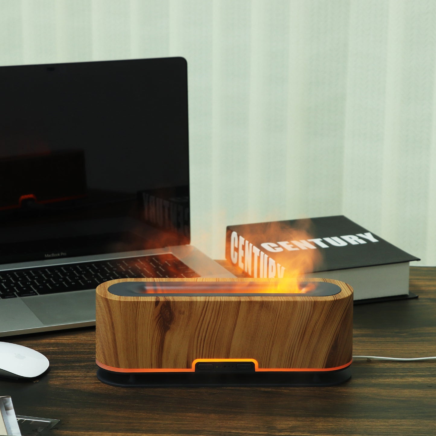 Wood grain 200ml simulated flame aromatherapy humidifier oval long strip air diffuser home office night light