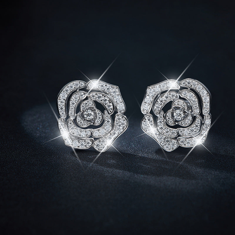 Earl Grey ins luxury full diamond D color moissanite earrings S925 sterling silver gold-plated camellia stud earrings