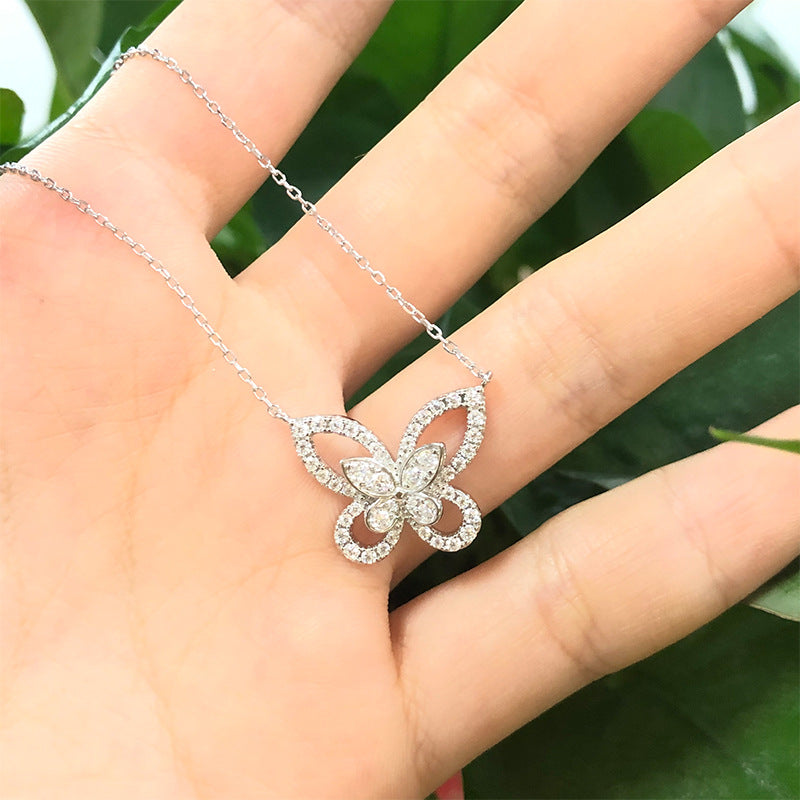 Hollow Fu S925 Silver Plated 18K Gold Full Diamond Butterfly Moissanite Necklace Pendant