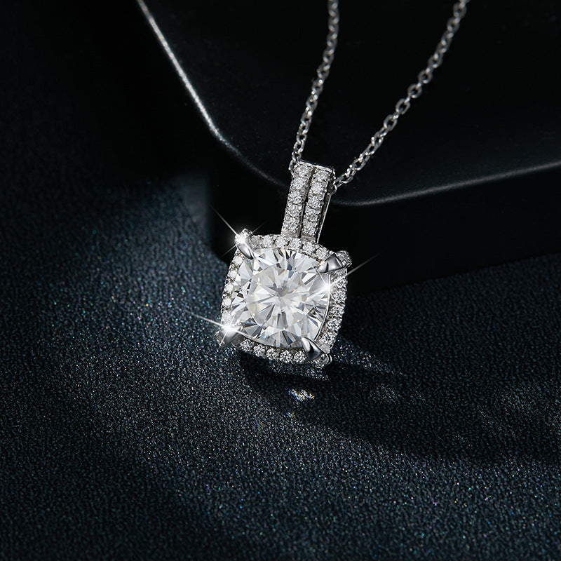 New 2.5ct Cushion Shape Full Moissanite S925 Silver Gold Plated Square Surrounded Necklace