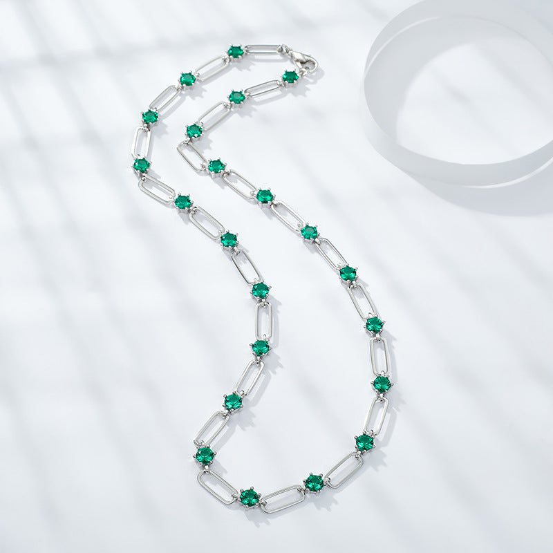 Ins style stacked 4.5mm round imitation emerald silver plated 18k gold paper clip necklace