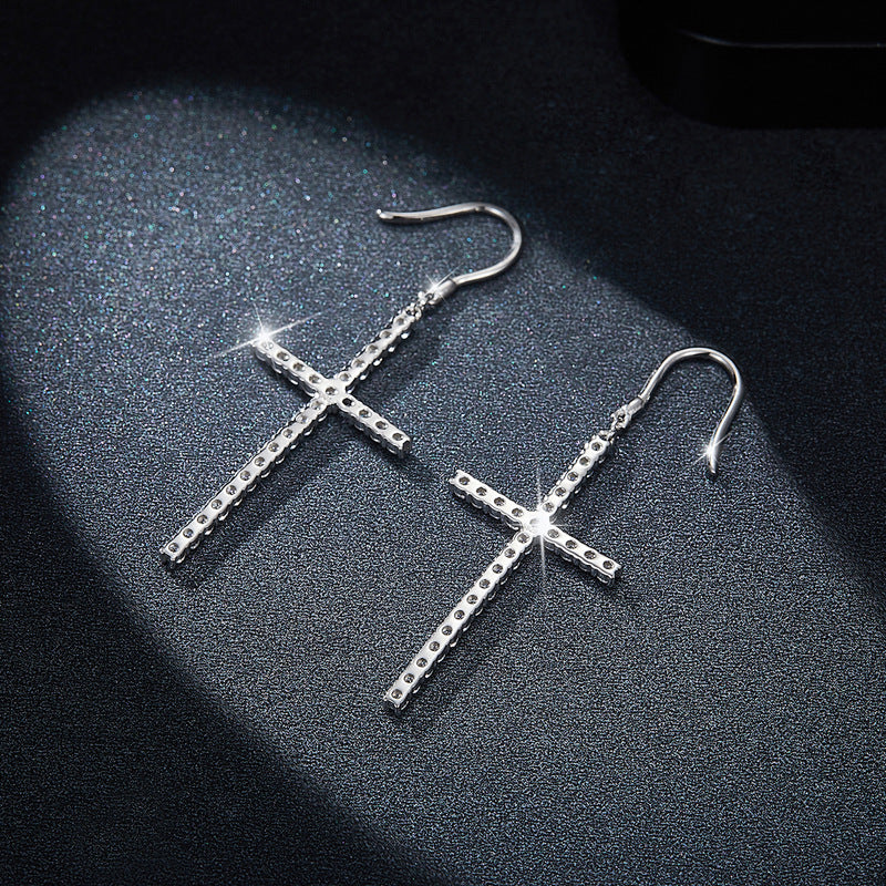 Oversized cross full diamond 1.8mm round moissanite ear hook S925 silver plated 18k gold earrings