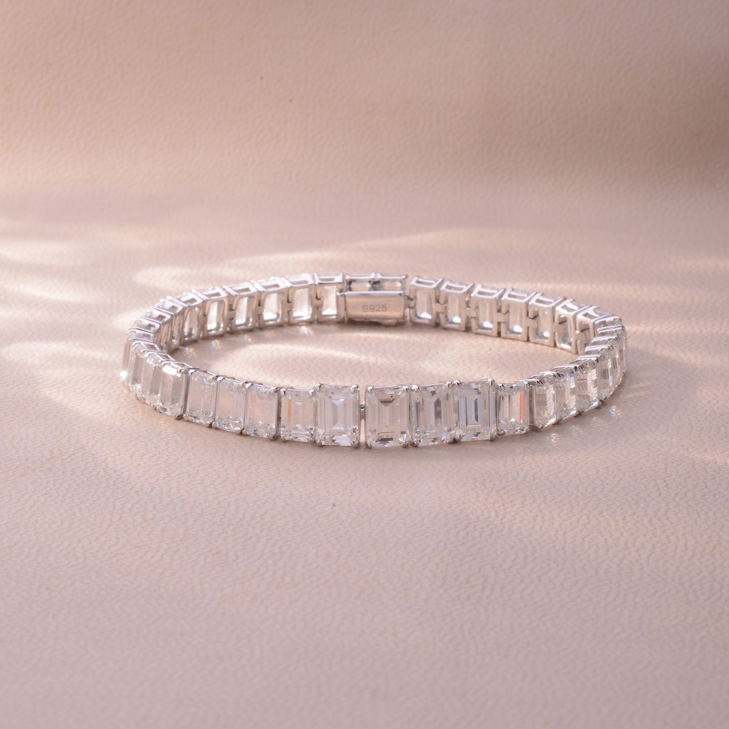 Matching full diamond emerald cut D moissanite bracelet is luxuriously set with S925 silver and 18k gold plating bracelet