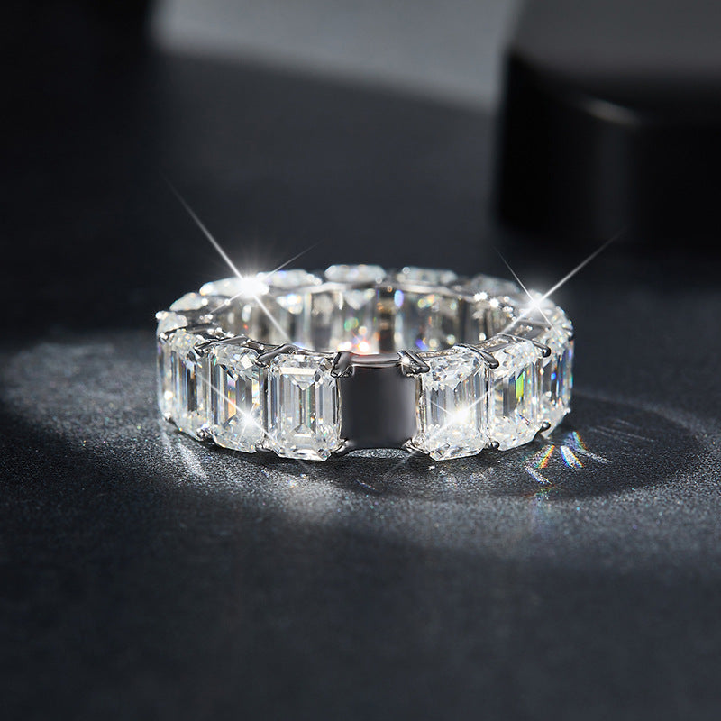High jewelry 4*6mm emerald cut moissanite diamond row ring sterling silver plated 18k gold ring