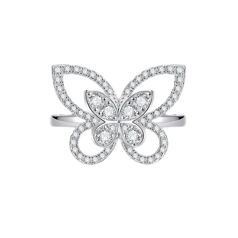 S925 Sterling Silver Moissanite Ring Women's Vintage Full Diamond Butterfly Fashion Personality Super Fairy Ring Gift