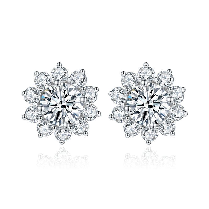 Classic sunflower halo set with 50 points moissanite diamonds, large silver plated 18k gold women's sunflower shaped stud earrings