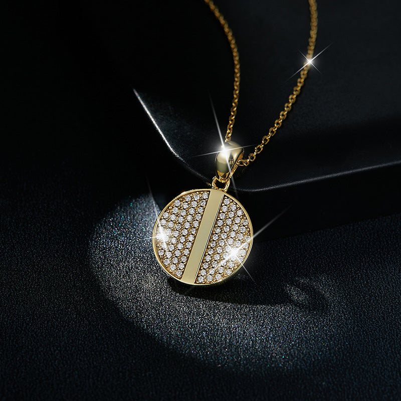 Ins niche design yellow gold coin pendant full diamond moissanite S925 silver plated 18k yellow gold ladies necklace