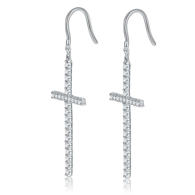 Oversized cross full diamond 1.8mm round moissanite ear hook S925 silver plated 18k gold earrings