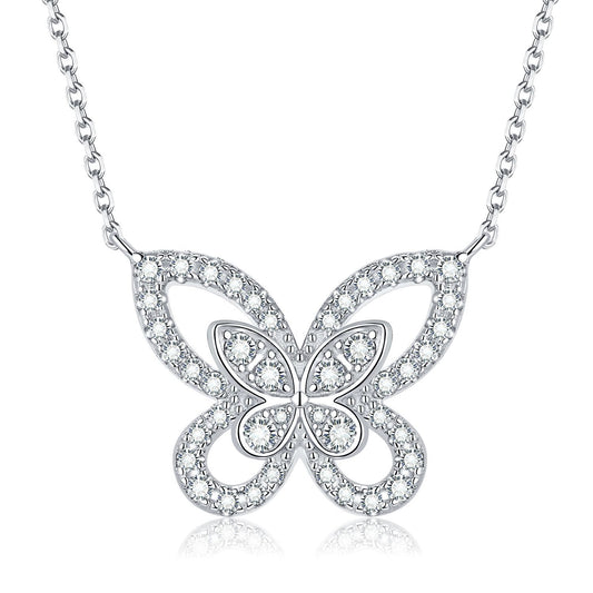 Hollow Fu S925 Silver Plated 18K Gold Full Diamond Butterfly Moissanite Necklace Pendant