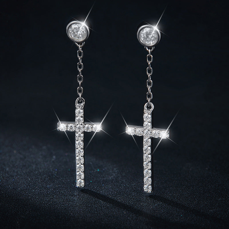 Bubble stitching cross earrings full moissanite 925 silver plated 18k gold stud earrings