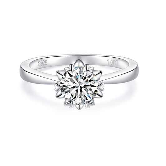 Straight Arm Classic Snowflake S925 Silver Plated White Gold Inlaid Moissanite Women's Ring 1 Carat D-Grade Simple