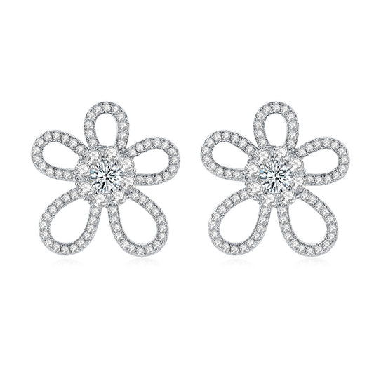 Fall/Winter 2021 New Full Diamond Moissanite Inlaid Hollow Flower Women's Sterling Silver Petal Stud Earrings