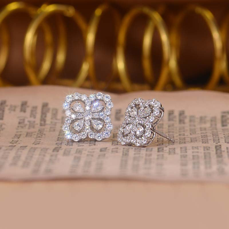 Four-leaf clover earrings 5A zircon water drop encircled women's small fresh stud earrings