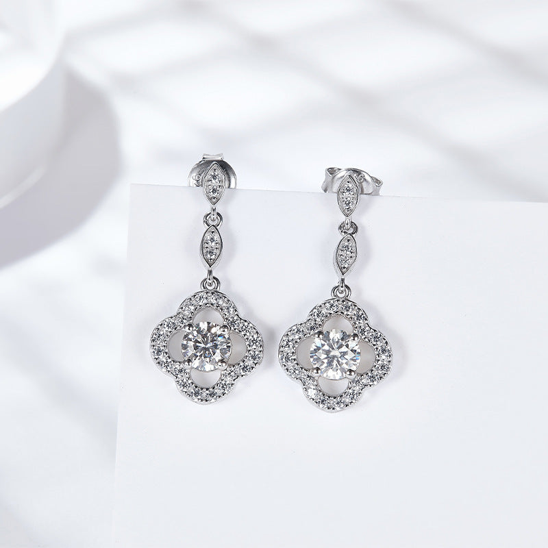 Lucky four-leaf clover with diamond ethnic style floral women's symmetrical sterling silver earrings moissanite diamond earrings