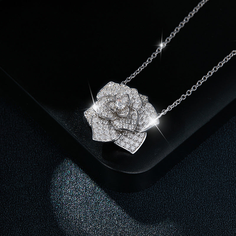 Classic camellia pendant full diamond moissanite S925 silver plated 18k gold ladies necklace