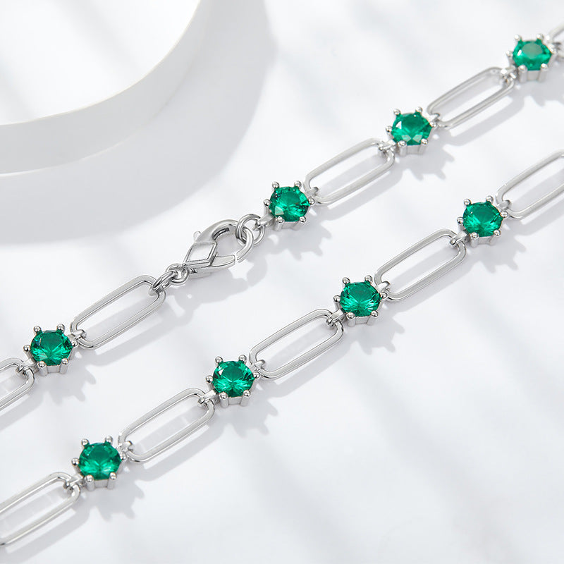 Ins style stacked 4.5mm round imitation emerald silver plated 18k gold paper clip necklace