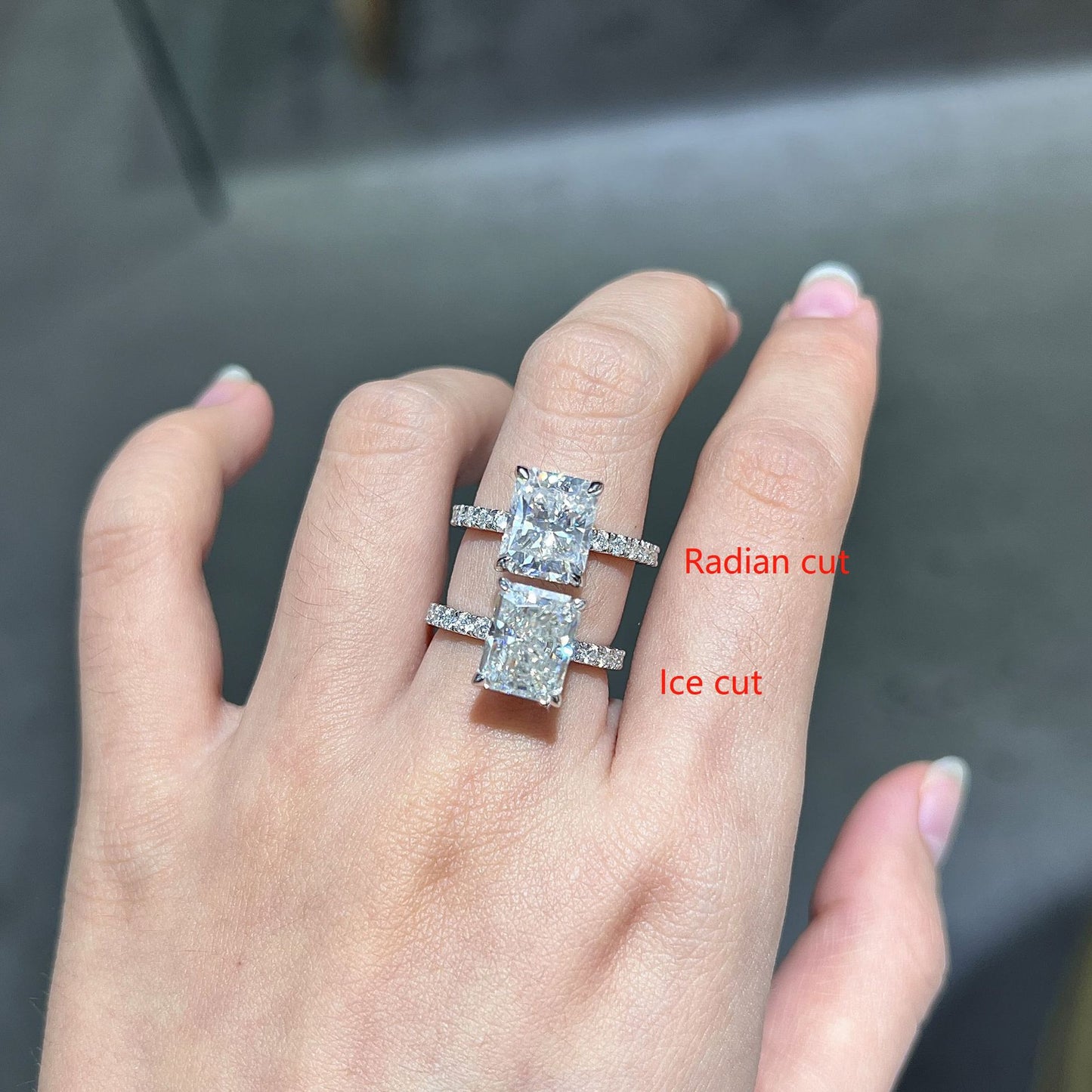 Ice flower cut moissanite rectangular 8*10mm 4 carat engagement ring S925 silver plated 18kk