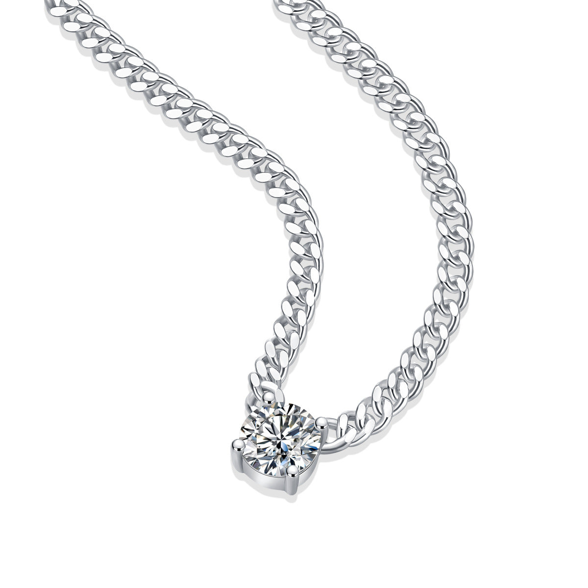 3mm Wide Cuban Chain 1 Carat Moissanite Silver Plated 18K White Gold Necklace