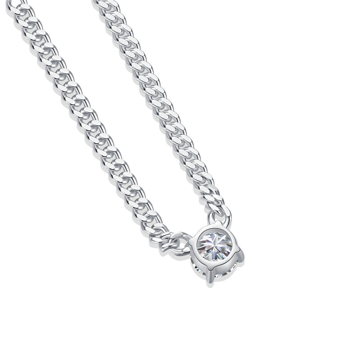 3mm Wide Cuban Chain 1 Carat Moissanite Silver Plated 18K White Gold Necklace