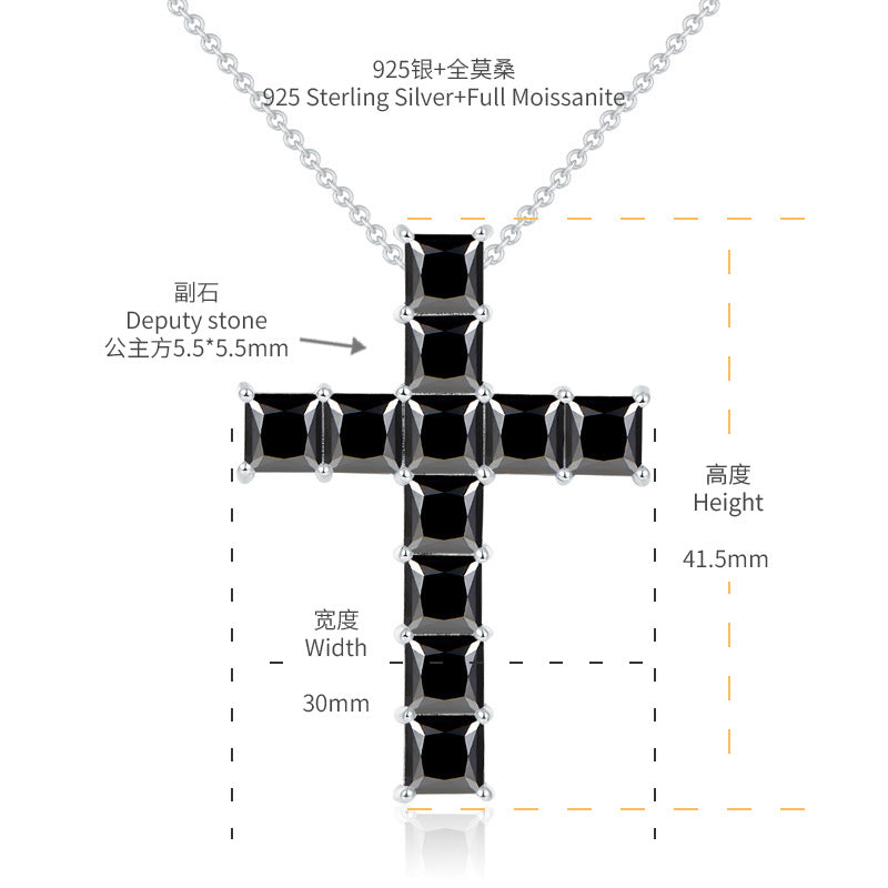 Hip-hop cross inlaid with black 5.5mm princess square moissanite silver plated 18k gold necklace