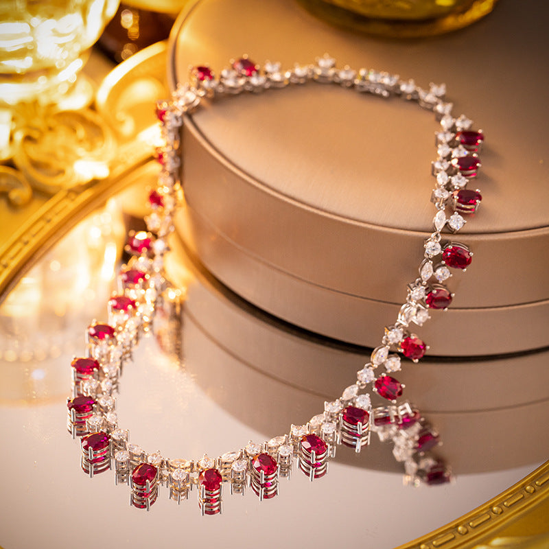 Xiaohongshu Golden Years Court Style 6*8mm Oval Lab-Grown Ruby Necklace High Jewelry